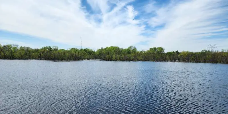 A view of a lake near Uptown Village in Lewisville, Texas